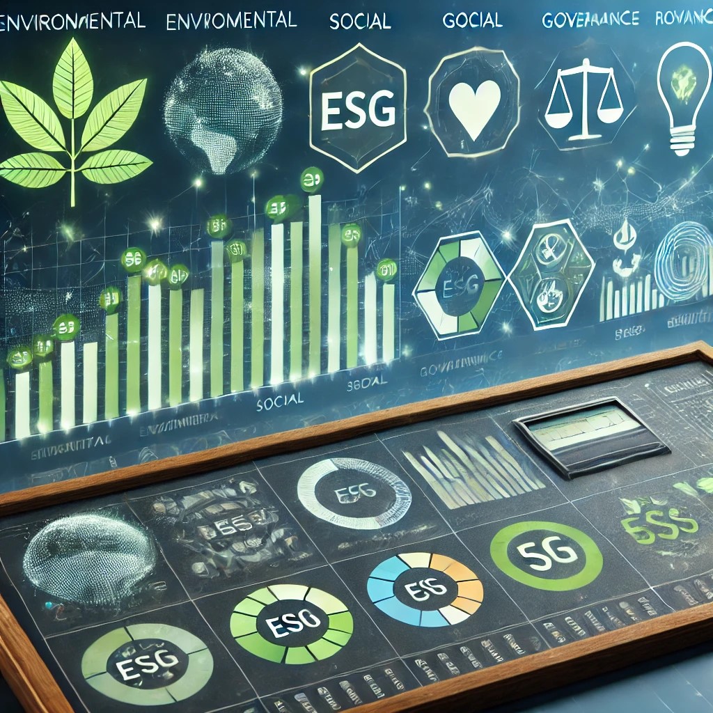 DALL·E 2024-08-16 19.37.11 - An image illustrating the integration of sustainability metrics (ESG) in financial analysis. The image shows a financial dashboard with indicators of 