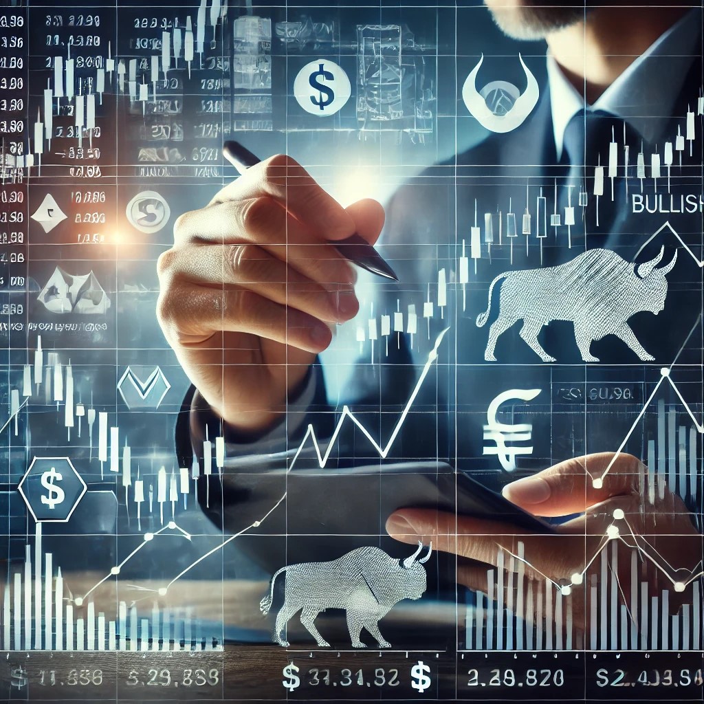 DALL·E 2024-08-16 17.46.36 - An image showing a financial analyst reviewing market trends on a digital interface, with charts and graphs representing bullish and bearish trends. T