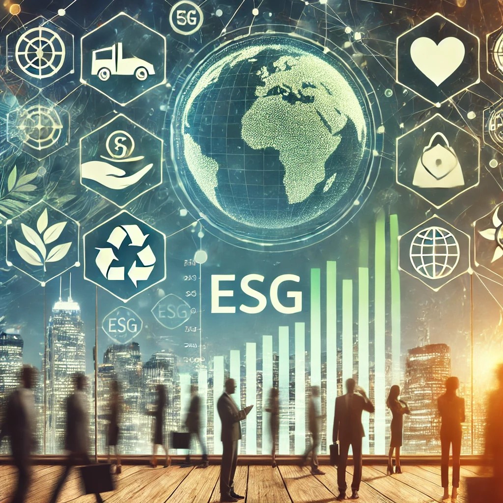 DALL·E 2024-08-16 17.22.43 - An image depicting financial indicators related to sustainability, such as ESG (Environmental, Social, and Governance) metrics. The background include