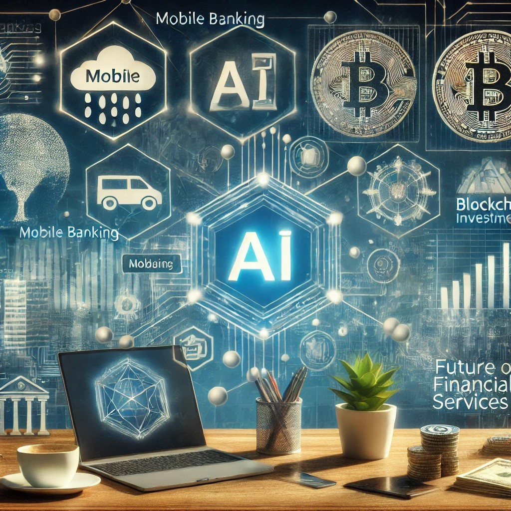 DALL·E 2024-08-16 17.50.01 - An image showing a modern financial services environment influenced by technological disruptions, with digital interfaces displaying mobile banking, A