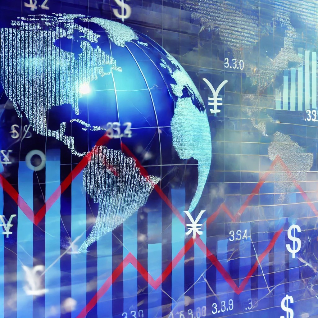 DALL·E 2024-08-16 21.40.22 - An image showing the impact of global trade fluctuations on financial strategies, with symbols such as currency exchange rates, trade routes, and econ