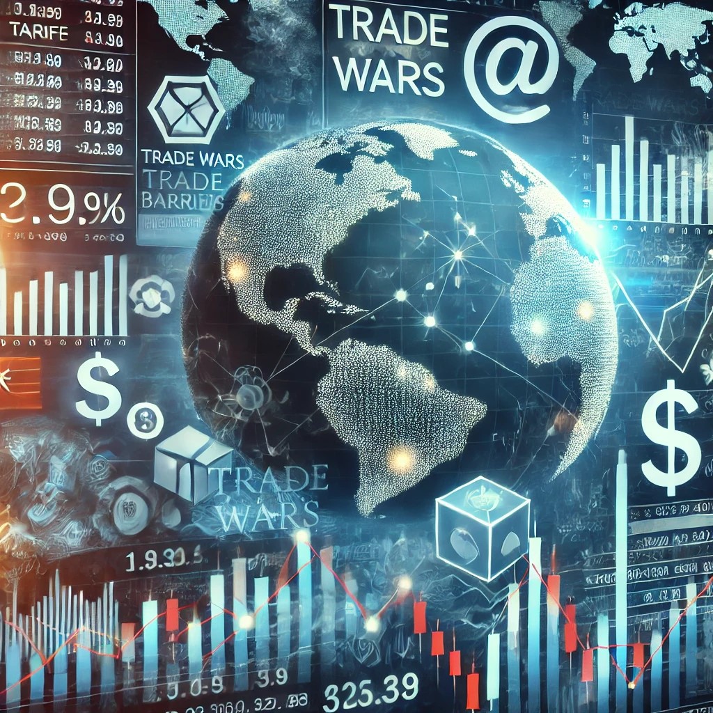 DALL·E 2024-08-16 21.40.23 - An image depicting the effects of trade wars on global markets, with symbols such as tariffs, trade barriers, and fluctuating stock prices. The backgr