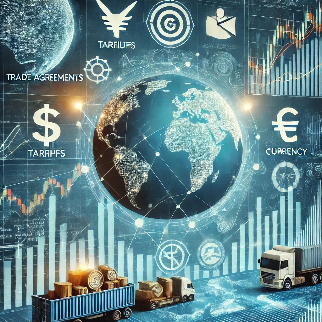 DALL·E 2024-08-16 17.54.17 - An image showing the impact of global trade policies on financial strategies, with symbols such as trade agreements, tariffs, and currency exchange ra