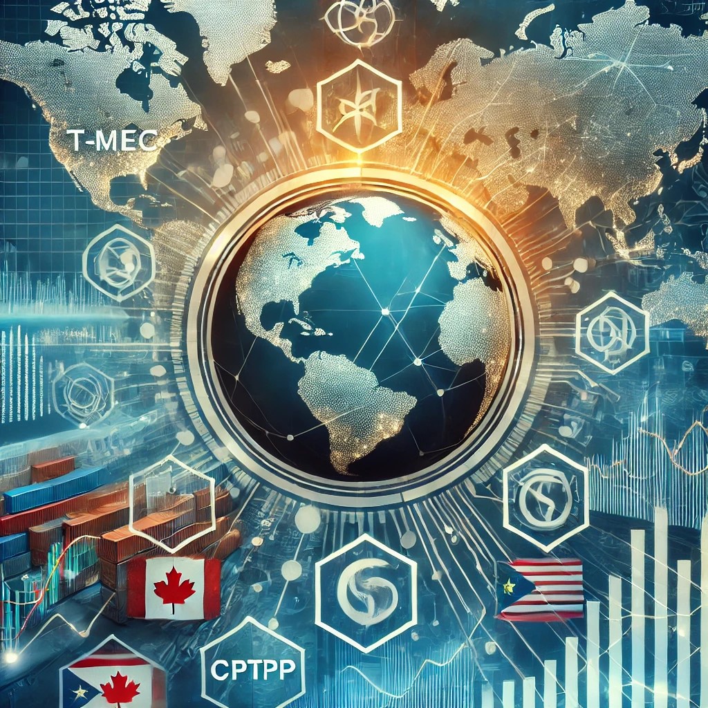 DALL·E 2024-08-16 17.54.18 - An image depicting the influence of regional trade agreements on financial strategies, with symbols of trade partnerships like T-MEC and CPTPP. The ba