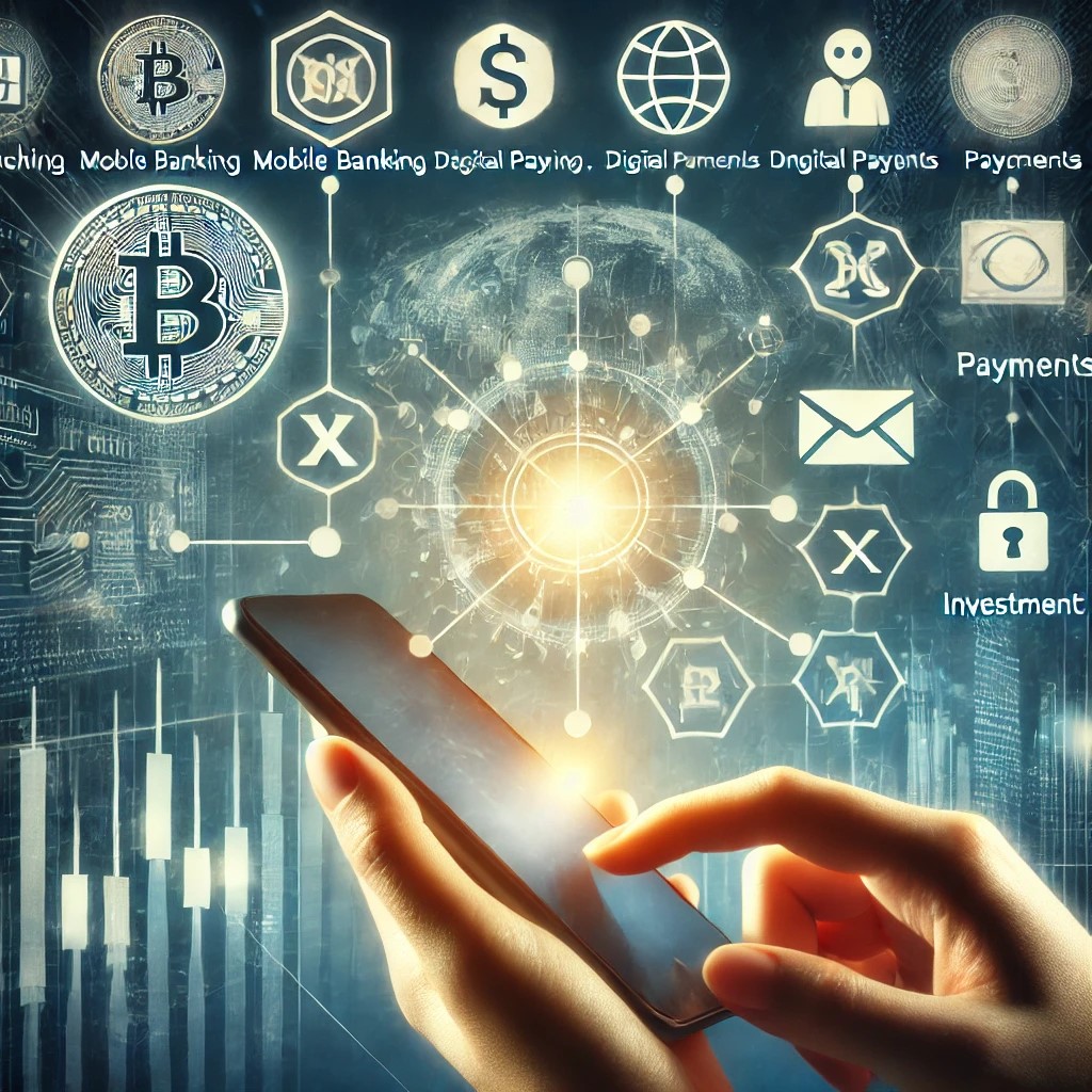 DALL·E 2024-08-16 17.16.54 - An image showing a digital financial platform interface with mobile banking, digital payments, and investment options. The background includes symbols