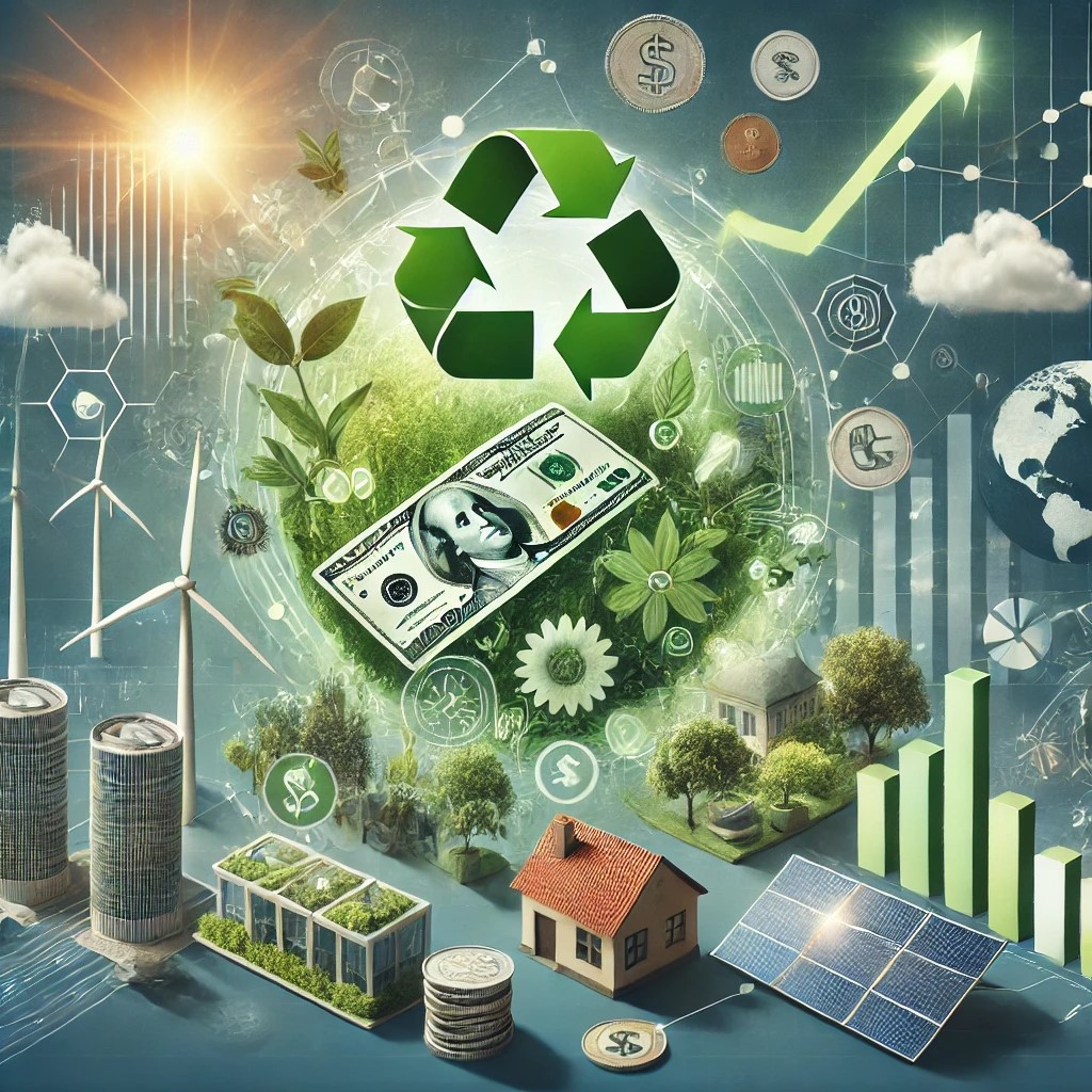 DALL·E 2024-08-16 19.55.44 - An image illustrating the role of financial institutions in promoting sustainable development. The image includes elements such as green energy projec