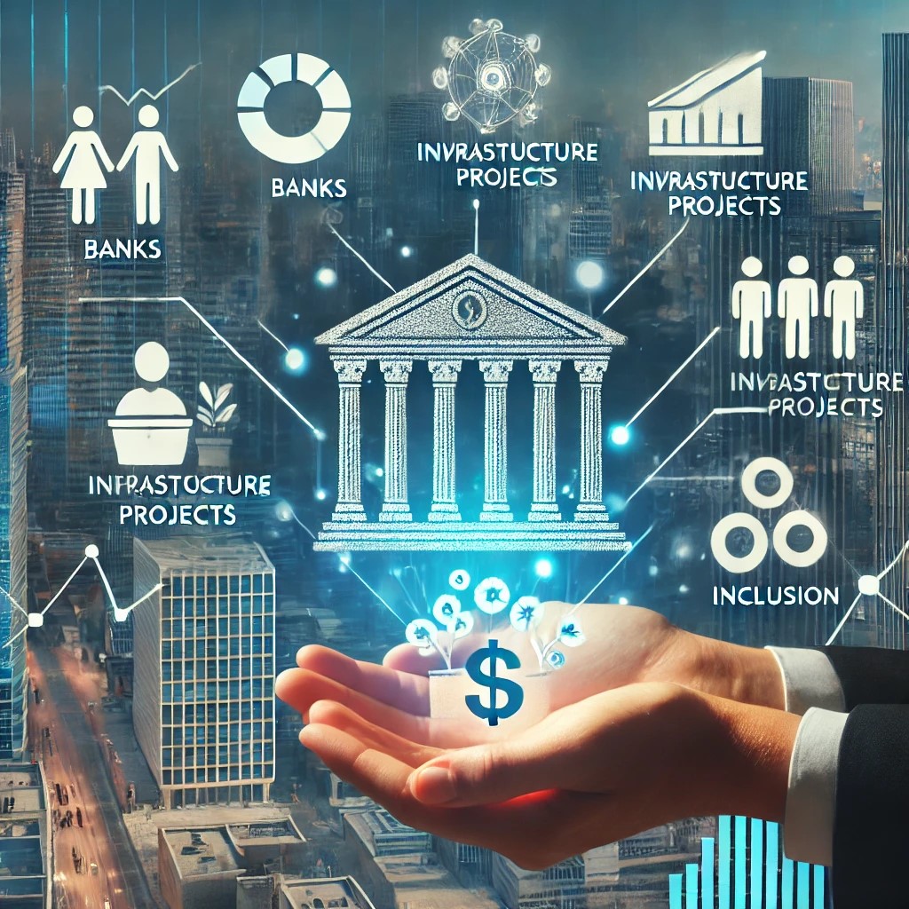 DALL·E 2024-08-16 17.37.38 - An image showing a financial institution facilitating economic growth, with symbols like banks, infrastructure projects, and people using financial se