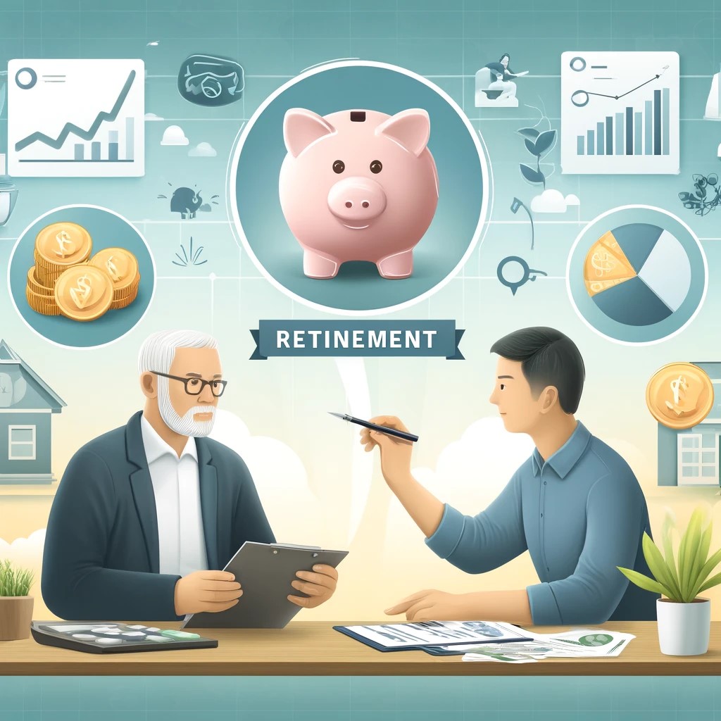 DALL·E 2024-08-16 17.34.10 - An image illustrating financial planning for retirement, with a financial planner helping a client create a retirement savings plan. The background in