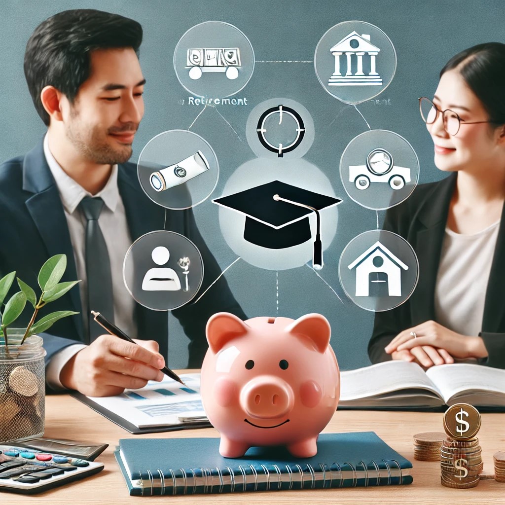 DALL·E 2024-08-16 19.18.43 - An image showing a financial planner working with a client who has diverse financial goals, such as saving for retirement, paying for education, and b