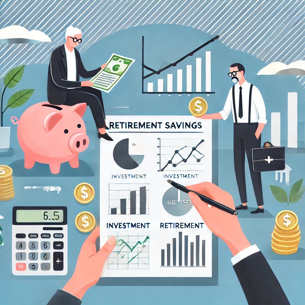 DALL·E 2024-08-16 19.52.40 - An image illustrating financial planning for retirement, with a financial advisor helping a client create a retirement savings plan. The background in