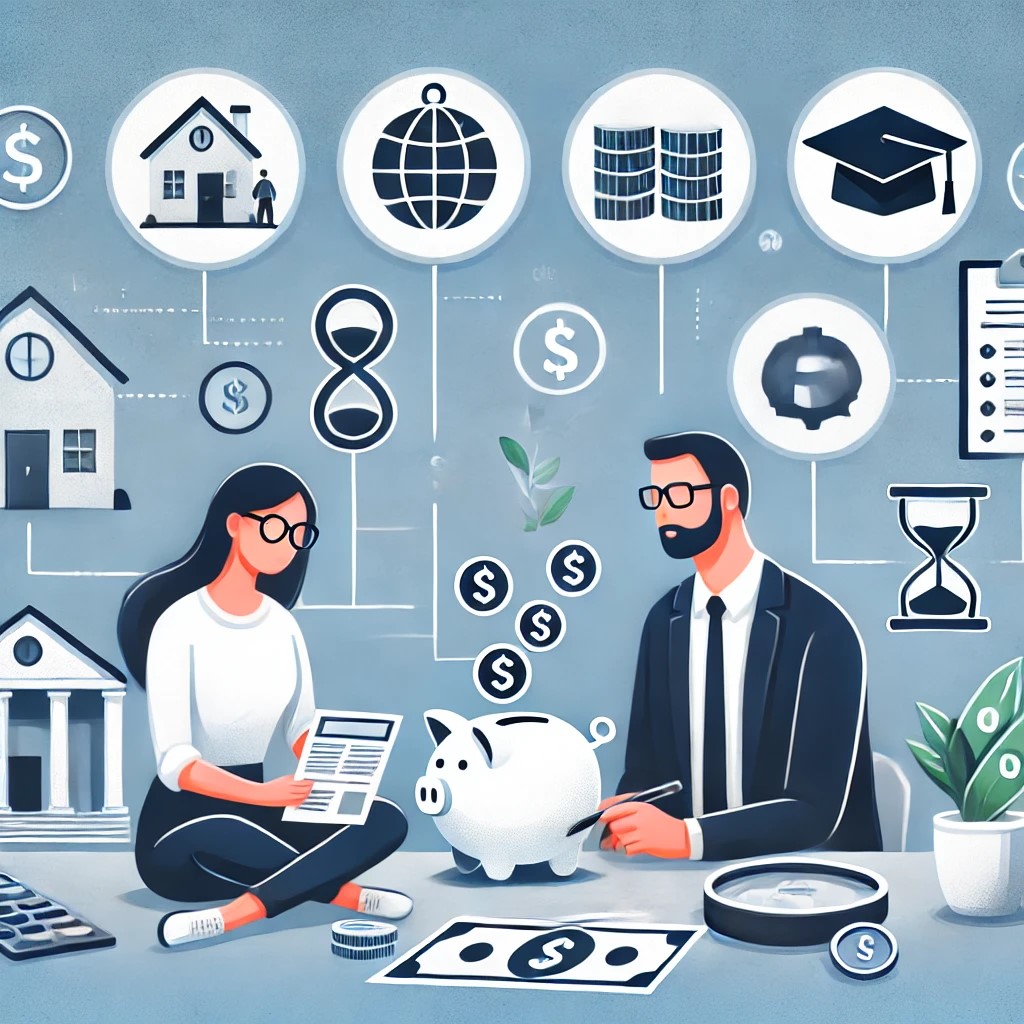 DALL·E 2024-08-16 19.52.39 - An image showing a financial planner working with a client who has multiple financial priorities, such as saving for retirement, buying a house, and i