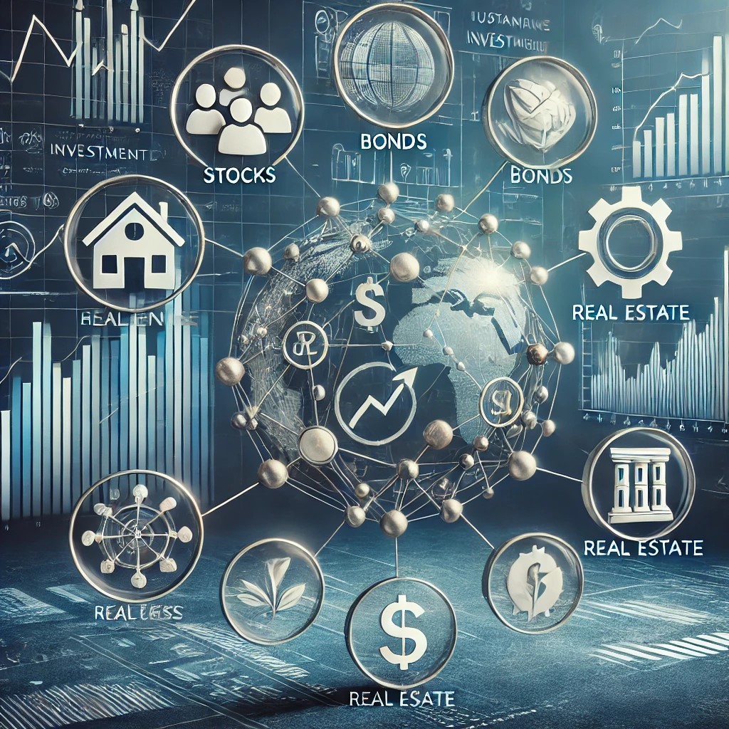 DALL·E 2024-08-16 21.44.44 - An image illustrating the concept of diversified investment, with symbols like stocks, bonds, real estate, and sustainable investments. The background